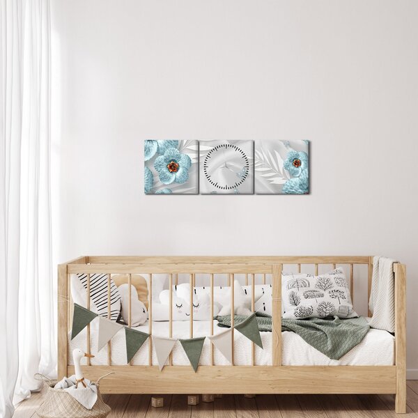 Obraz - 3D modré kvety (s hodinami) (90x30 cm)