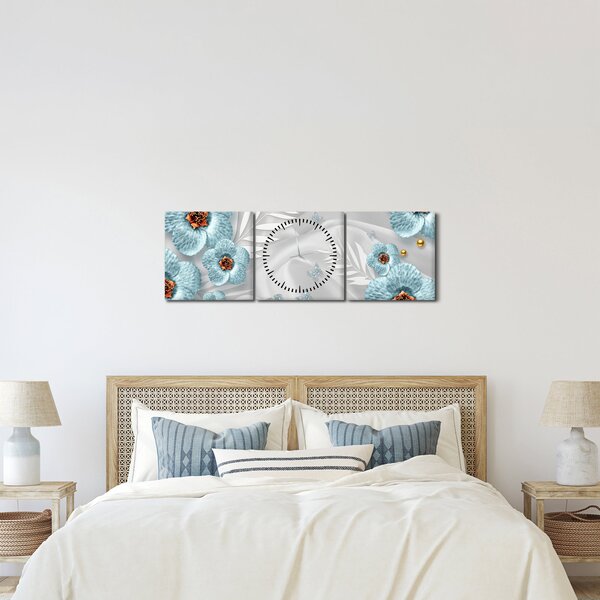 Obraz - 3D modré kvety (s hodinami) (90x30 cm)