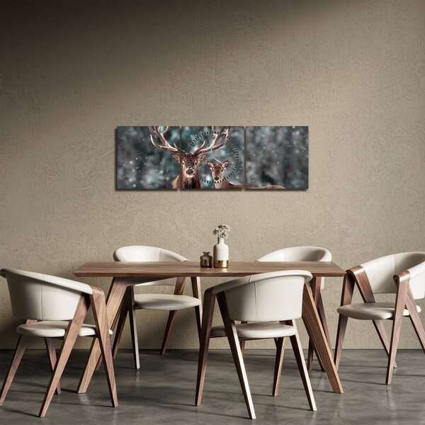 Obraz - Jeleň a laň v zasneženom lese (s hodinami) (90x30 cm)