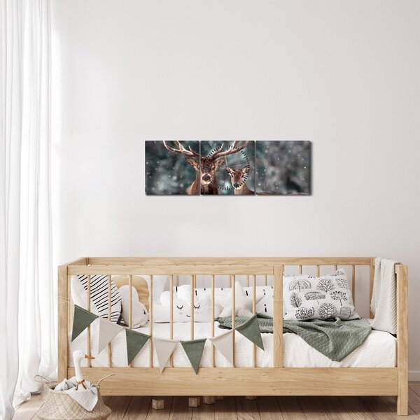 Obraz - Jeleň a laň v zasneženom lese (s hodinami) (90x30 cm)