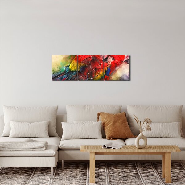 Obraz červených papagájov ara (s hodinami) (90x30 cm)