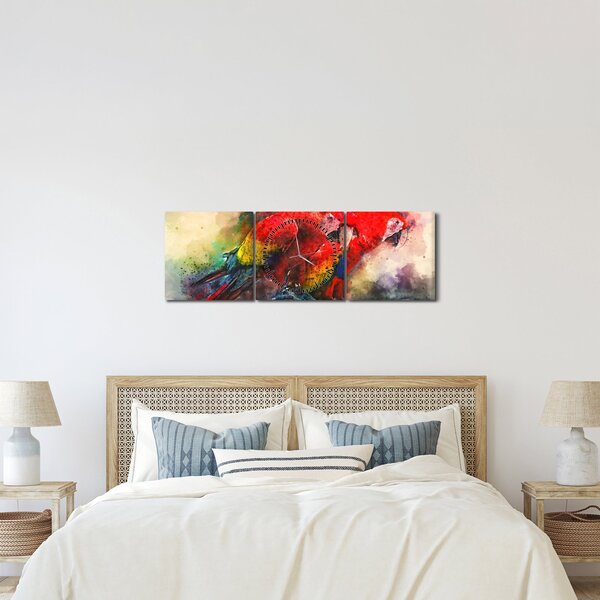 Obraz červených papagájov ara (s hodinami) (90x30 cm)