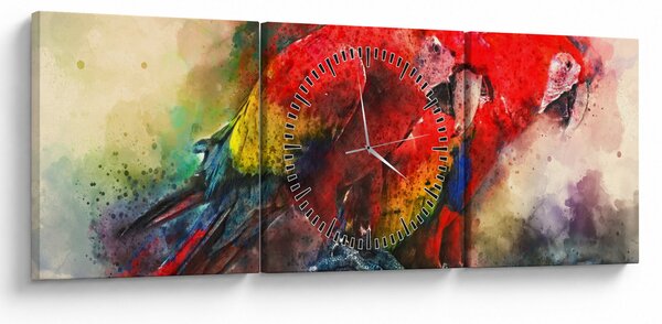 Obraz červených papagájov ara (s hodinami) (90x30 cm)