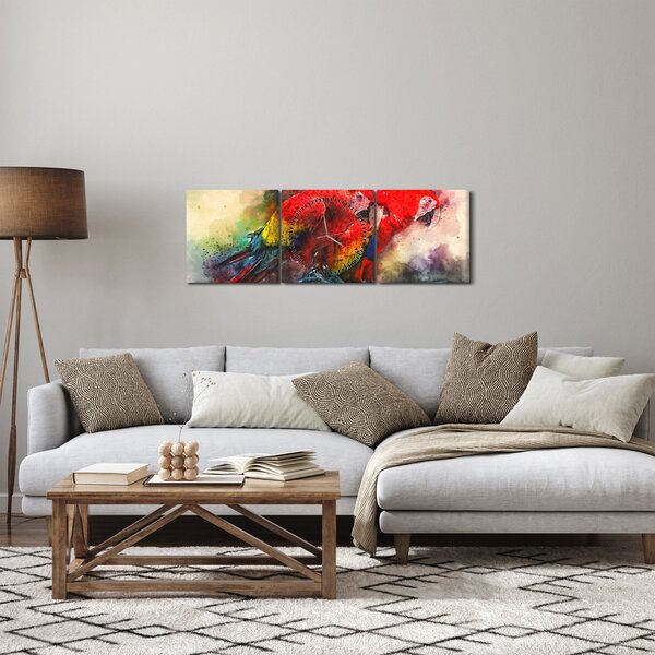 Obraz červených papagájov ara (s hodinami) (90x30 cm)