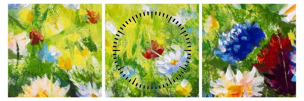 Obraz rozkvitnutej lúky, olejomaľba (s hodinami) (90x30 cm)
