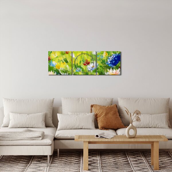 Obraz rozkvitnutej lúky, olejomaľba (s hodinami) (90x30 cm)