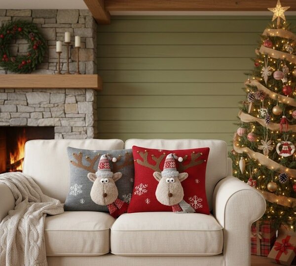 Červený vianočný dekoračný vankúš sob Rudolf - 40*40*7cm - Mars & More
