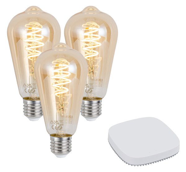 Sada 3 inteligentných stmievateľných LED žiaroviek E27 ST64 4,9 W 320 lm 2500 K vrátane Zigbee Smart Hub