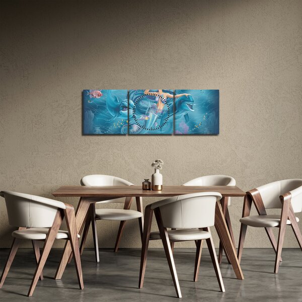 Obraz - Morská víla s delfínmi (s hodinami) (90x30 cm)