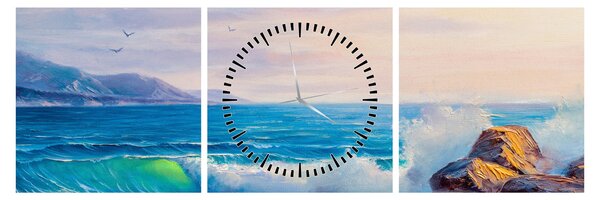 Obraz vĺn narážajúcich na útesy, olejomaľba (s hodinami) (90x30 cm)
