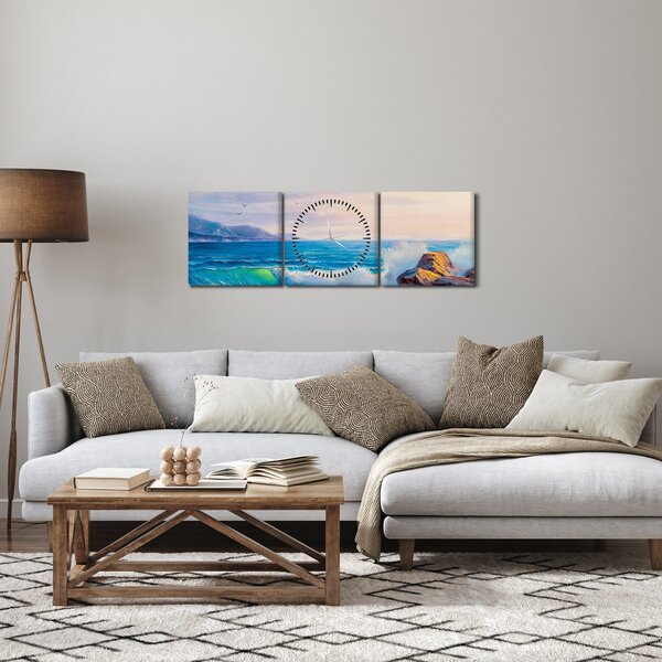 Obraz vĺn narážajúcich na útesy, olejomaľba (s hodinami) (90x30 cm)