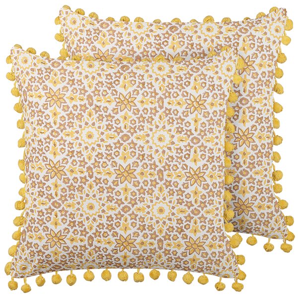 Sada 2 dekoratívnych vankúšov žltá bavlna 45 x 45 cm geometrický vzor bloková tlač brmbolce boho štýl doplnky