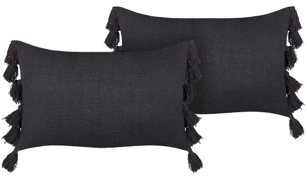 Sada 2 dekoratívnych vankúšov sivá bavlna 35 x 55 cm jednofarebný dizajn so strapcami boho štýl doplnky