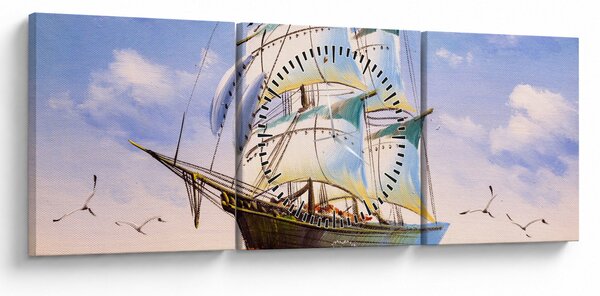 Obraz lode na vlnách (s hodinami) (90x30 cm)