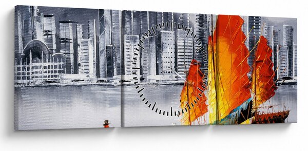 Obraz - Victoria Harbor, Hong Kong, čiernobiela olejomaľba (s hodinami) (90x30 cm)