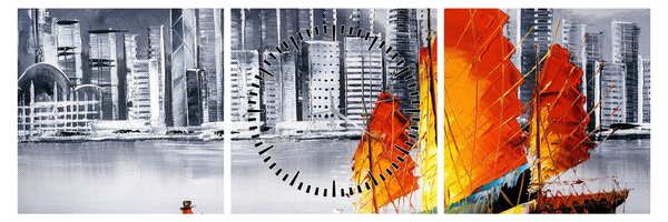 Obraz - Victoria Harbor, Hong Kong, čiernobiela olejomaľba (s hodinami) (90x30 cm)