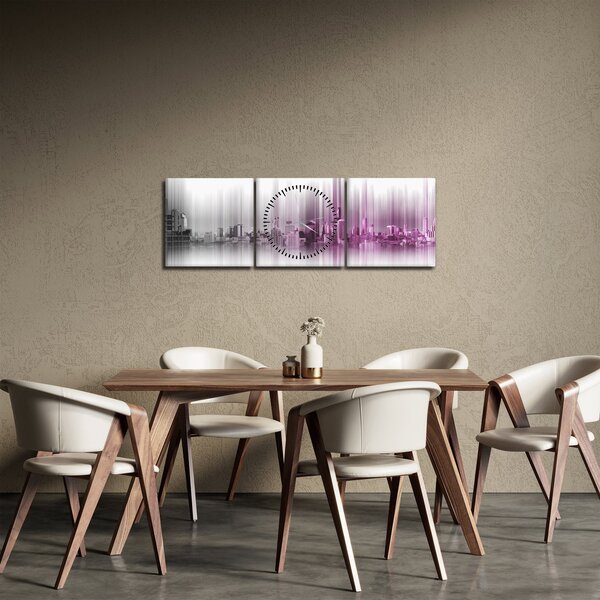 Obraz - Panoráma mesta, ružovo-šedé (s hodinami) (90x30 cm)