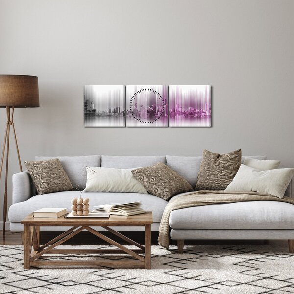 Obraz - Panoráma mesta, ružovo-šedé (s hodinami) (90x30 cm)