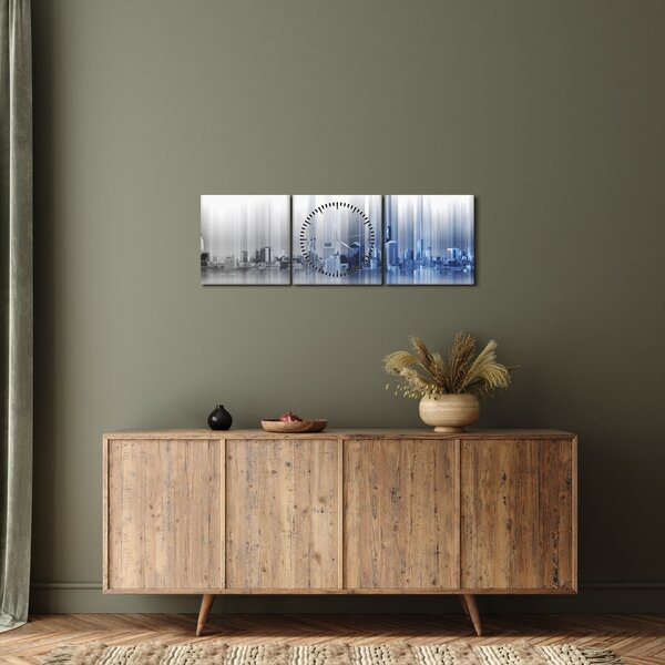 Obraz - Panoráma mesta, modro-šedé (s hodinami) (90x30 cm)
