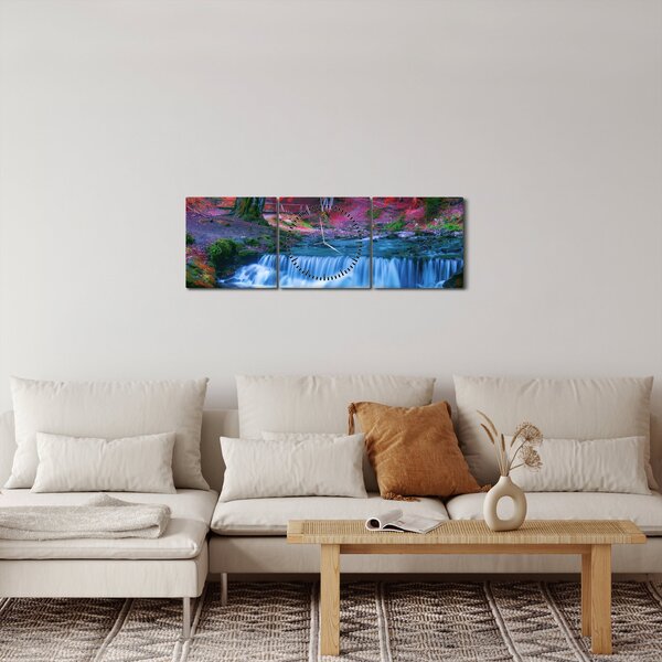 Obraz vodopádu v červenom lese (s hodinami) (90x30 cm)