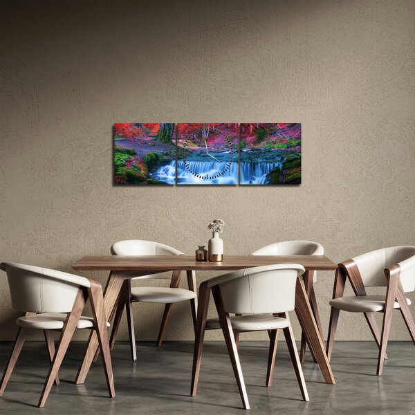Obraz vodopádu v červenom lese (s hodinami) (90x30 cm)
