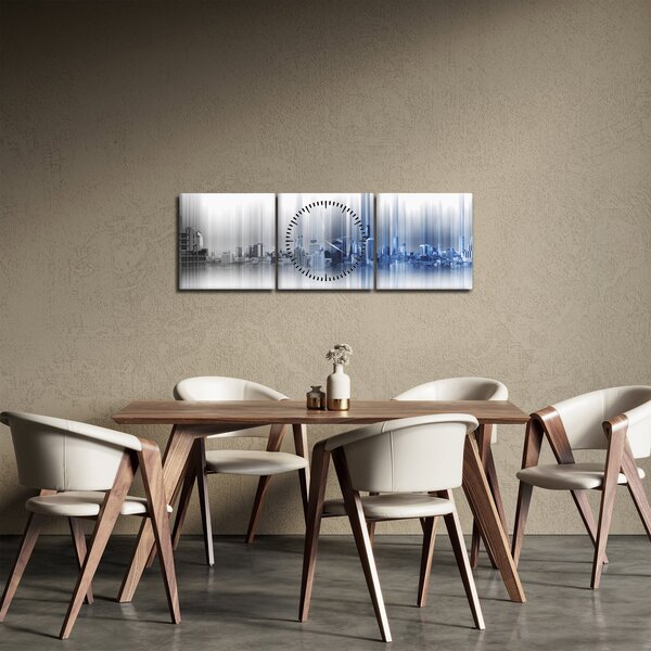 Obraz - Panoráma mesta, modro-šedé (s hodinami) (90x30 cm)