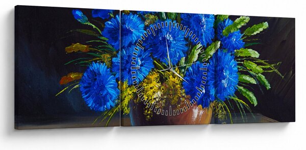 Obraz modrých kvetov vo váze (s hodinami) (90x30 cm)