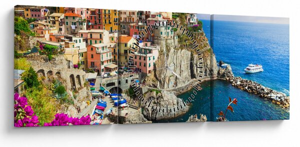 Obraz - Talianska dedinka Manarola (s hodinami) (90x30 cm)