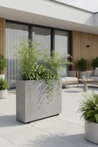 Kvetináč ELEMENTO na kolieskach, sklolaminát, šírka 88 cm, beton design sivá, outlet