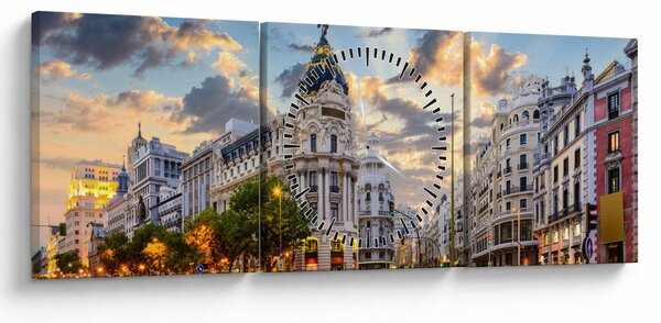 Obraz - Calle Gran Vía, Madrid, Španielsko (s hodinami) (90x30 cm)