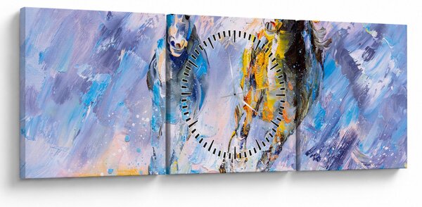 Obraz bežiacich koňov, olejomaľba (s hodinami) (90x30 cm)