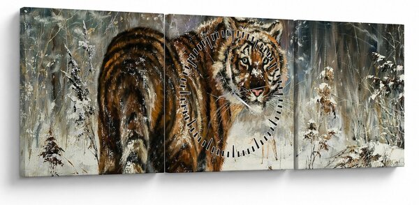 Obraz - Tiger v zasneženom lese, olejomaľba (s hodinami) (90x30 cm)