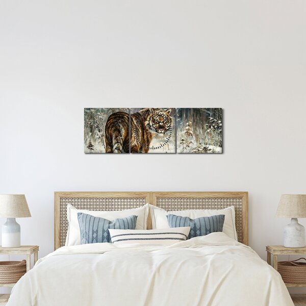 Obraz - Tiger v zasneženom lese, olejomaľba (s hodinami) (90x30 cm)