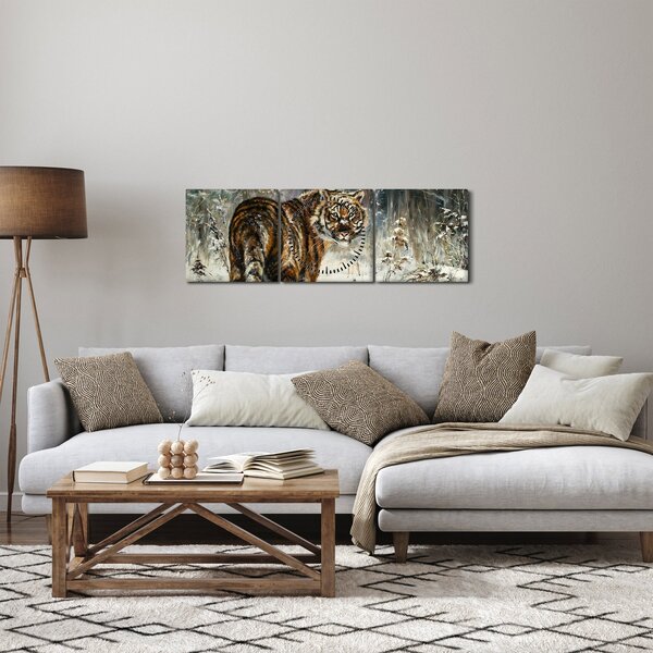 Obraz - Tiger v zasneženom lese, olejomaľba (s hodinami) (90x30 cm)