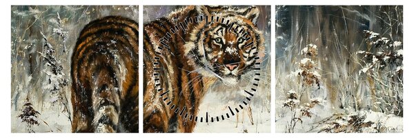 Obraz - Tiger v zasneženom lese, olejomaľba (s hodinami) (90x30 cm)