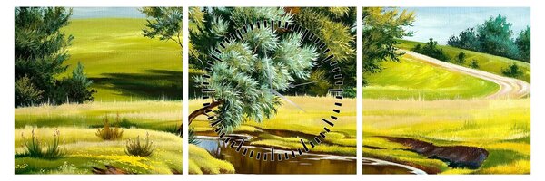 Obraz - Rieka medzi lúkami, olejomaľba (s hodinami) (90x30 cm)