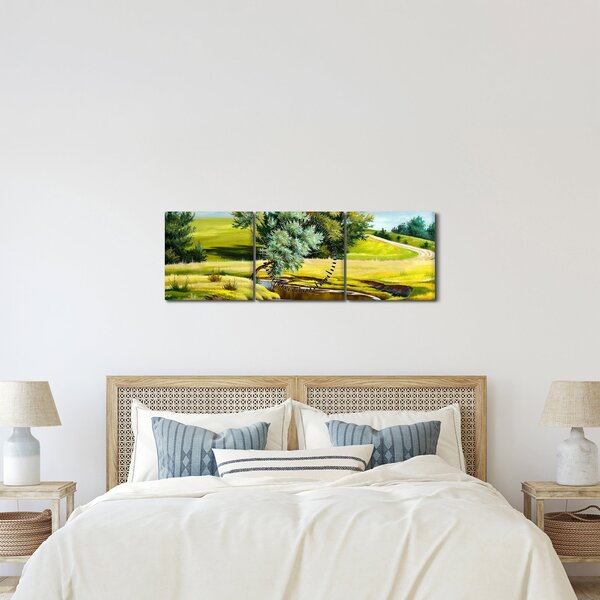 Obraz - Rieka medzi lúkami, olejomaľba (s hodinami) (90x30 cm)