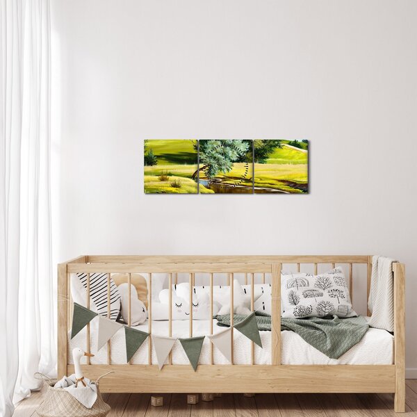 Obraz - Rieka medzi lúkami, olejomaľba (s hodinami) (90x30 cm)