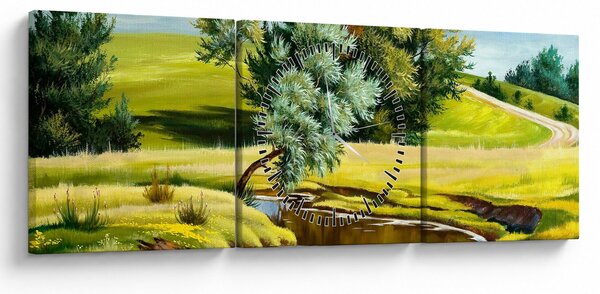 Obraz - Rieka medzi lúkami, olejomaľba (s hodinami) (90x30 cm)