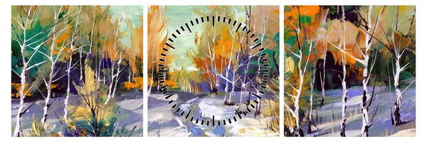 Obraz - Zasnežená cesta lesom, olejomaľba (s hodinami) (90x30 cm)