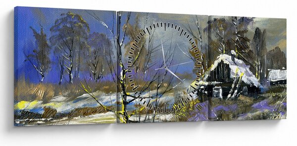 Obraz chalúpky v zimnej krajine, olejomaľba (s hodinami) (90x30 cm)