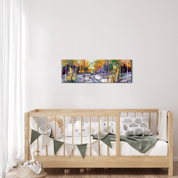 Obraz - Zasnežená cesta lesom, olejomaľba (s hodinami) (90x30 cm)