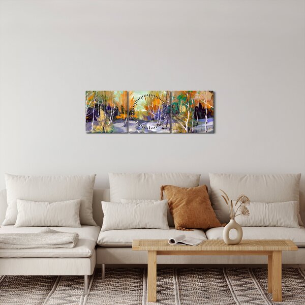 Obraz - Zasnežená cesta lesom, olejomaľba (s hodinami) (90x30 cm)
