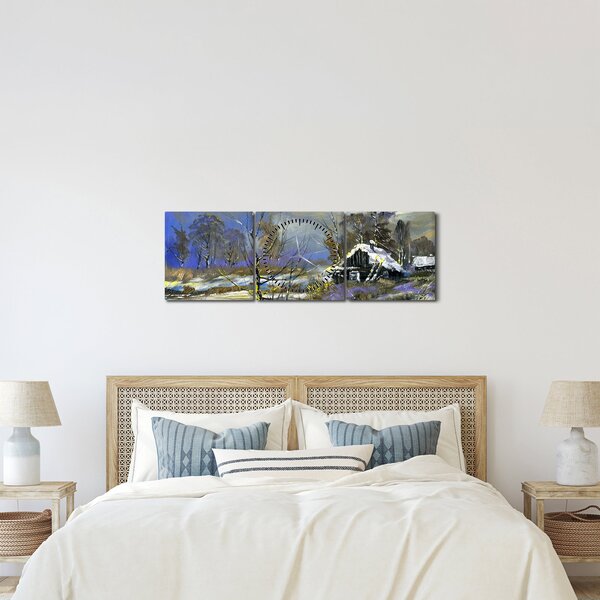 Obraz chalúpky v zimnej krajine, olejomaľba (s hodinami) (90x30 cm)