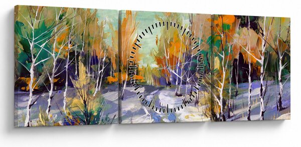 Obraz - Zasnežená cesta lesom, olejomaľba (s hodinami) (90x30 cm)