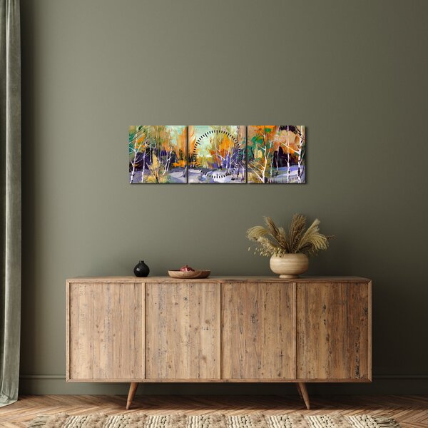 Obraz - Zasnežená cesta lesom, olejomaľba (s hodinami) (90x30 cm)