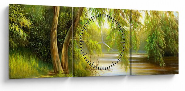 Obraz - Vŕba pri jazere, olejomaľba (s hodinami) (90x30 cm)