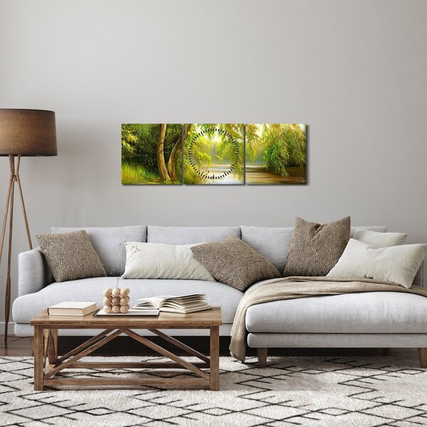 Obraz - Vŕba pri jazere, olejomaľba (s hodinami) (90x30 cm)