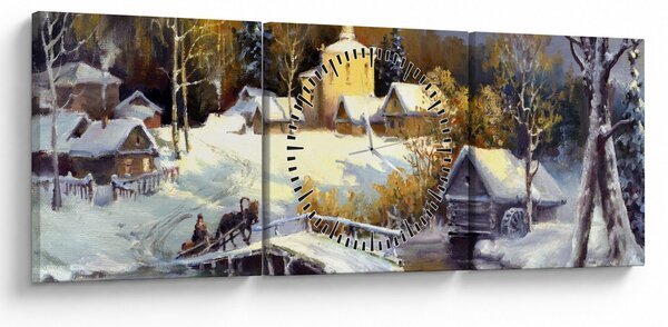 Obraz - Zimné mestečko (s hodinami) (90x30 cm)