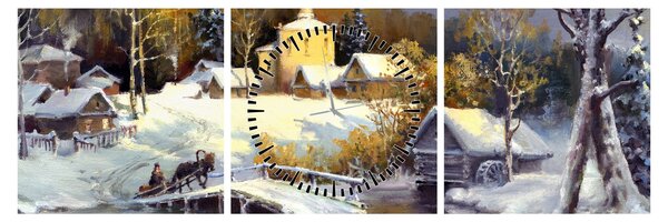 Obraz - Zimné mestečko (s hodinami) (90x30 cm)